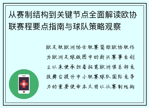 从赛制结构到关键节点全面解读欧协联赛程要点指南与球队策略观察 从赛制结构到关键节点全面解读欧协联赛程要点指南与球队策略观察