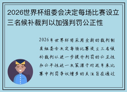 2026世界杯组委会决定每场比赛设立三名候补裁判以加强判罚公正性 2026世界杯组委会决定每场比赛设立三名候补裁判以加强判罚公正性