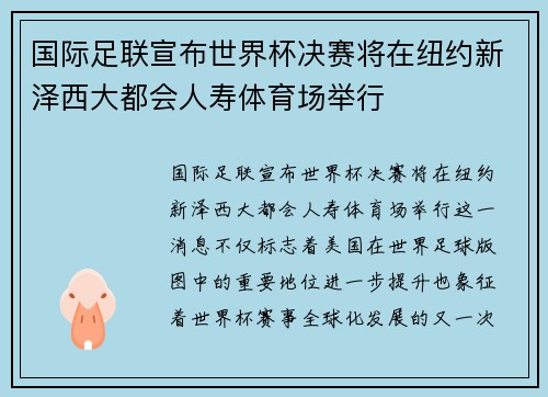 国际足联宣布世界杯决赛将在纽约新泽西大都会人寿体育场举行 国际足联宣布世界杯决赛将在纽约新泽西大都会人寿体育场举行