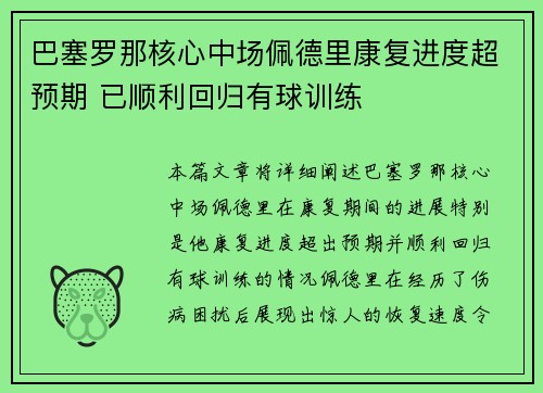 巴塞罗那核心中场佩德里康复进度超预期 已顺利回归有球训练