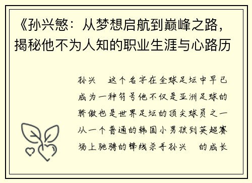 《孙兴慜：从梦想启航到巅峰之路，揭秘他不为人知的职业生涯与心路历程》